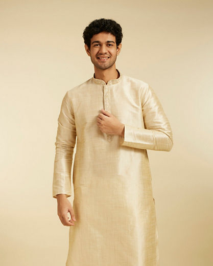 Diwas Men Beige Self Textured Kurta with Embroidered Placket
