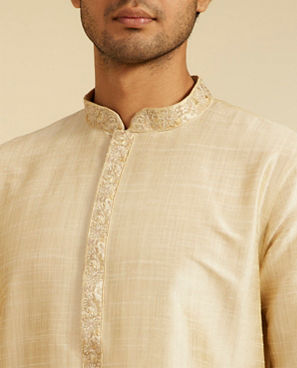 Diwas Men Beige Self Textured Kurta with Embroidered Placket