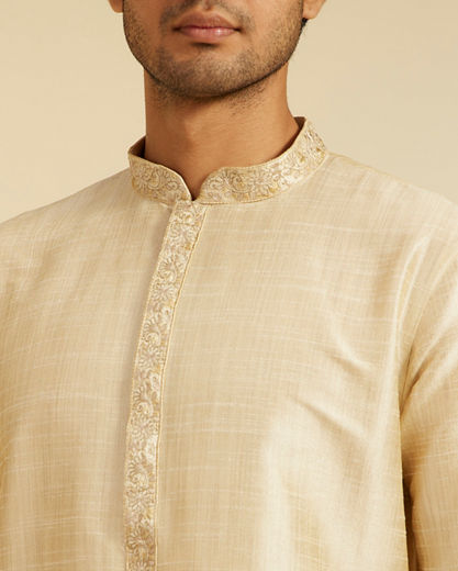 Diwas Men Beige Self Textured Kurta with Embroidered Placket