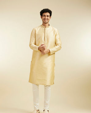 Diwas Men Light Fawn Self Textured Kurta with Embroidered Neckline