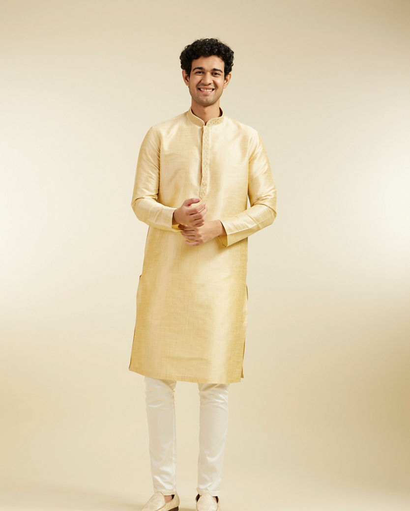 Diwas Men Light Fawn Self Textured Kurta with Embroidered Neckline