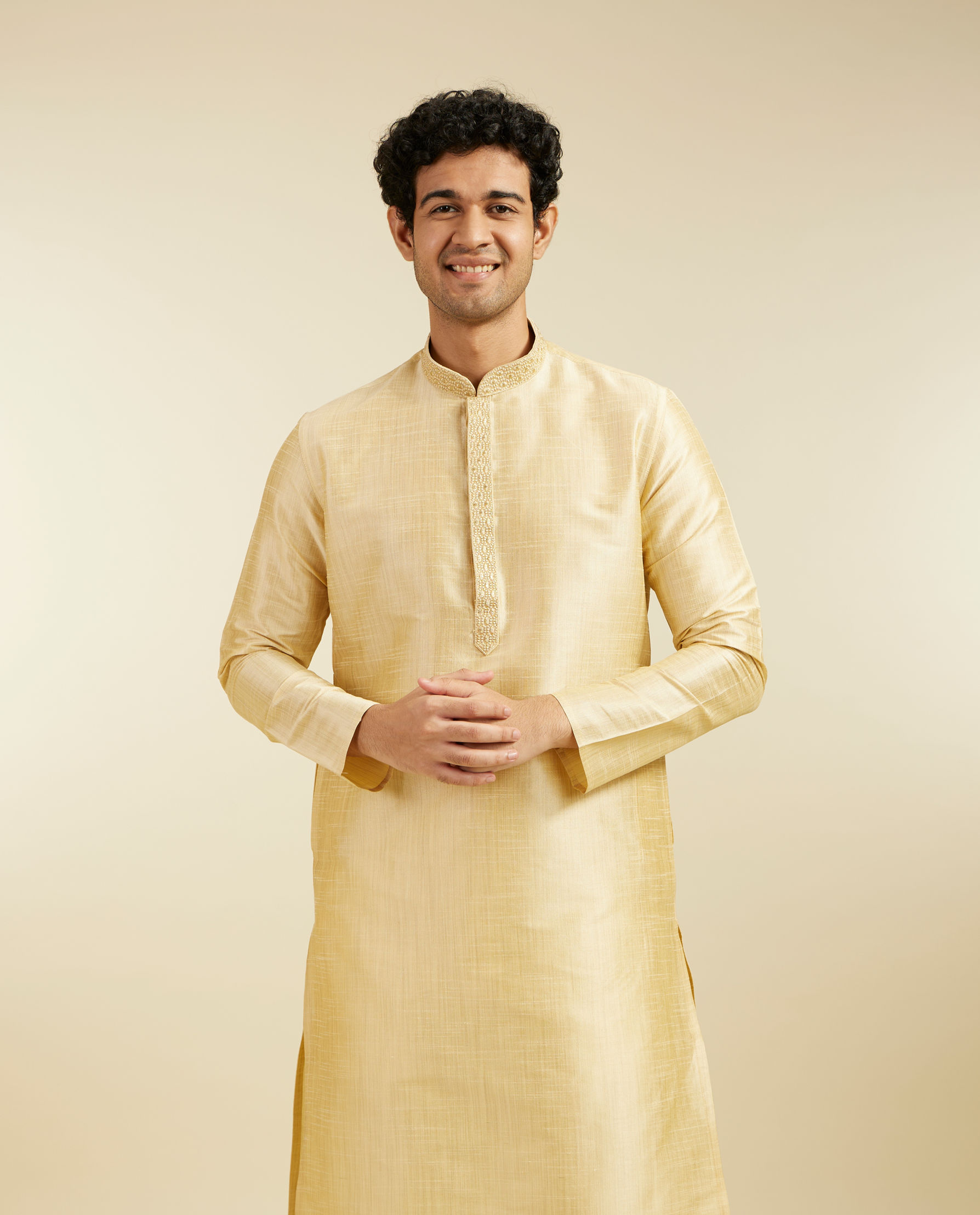 alt message - Diwas Men Light Fawn Self Textured Kurta with Embroidery image number 0