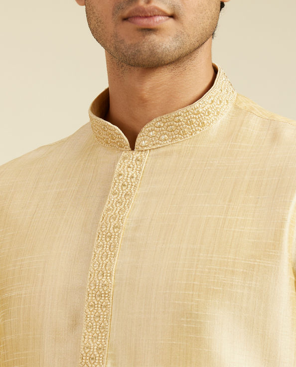 alt message - Diwas Men Light Fawn Self Textured Kurta with Embroidery image number 1