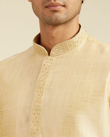 Diwas Men Light Fawn Self Textured Kurta with Embroidered Neckline