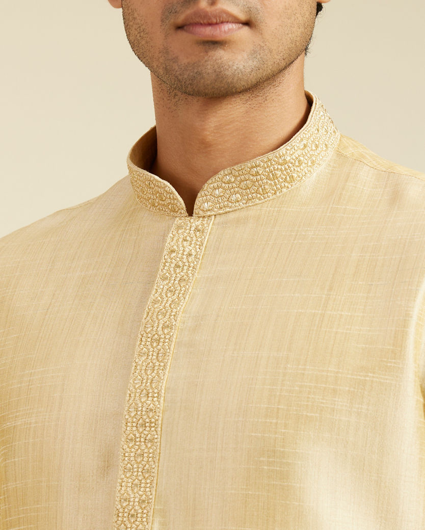 Diwas Men Light Fawn Self Textured Kurta with Embroidered Neckline