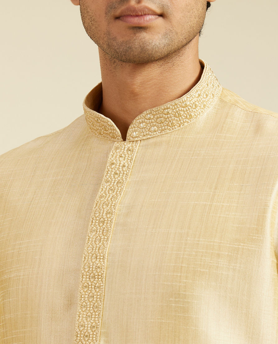 Diwas Men Light Fawn Self Textured Kurta with Embroidered Neckline