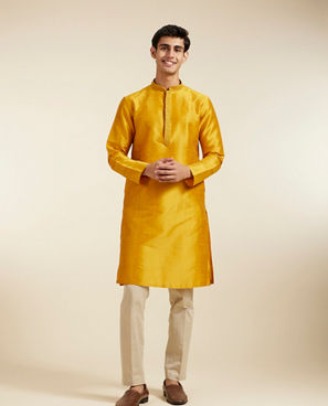Diwas Men Mustard Yellow Self Textured Kurta with Embroidered Neckline