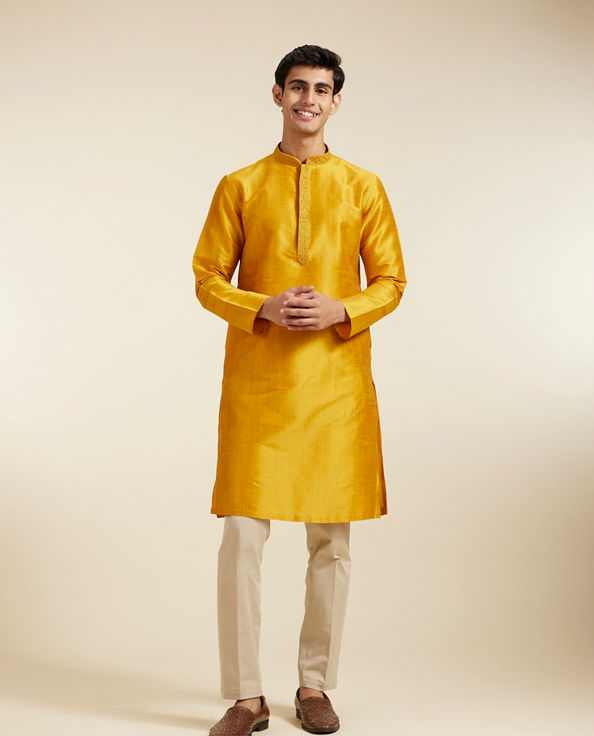 alt message - Diwas Men Mustard Yellow Textured Kurta with Embroidery image number 2