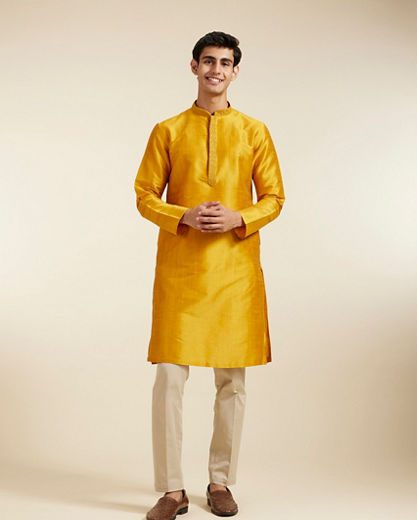 Diwas Men Mustard Yellow Self Textured Kurta with Embroidered Neckline