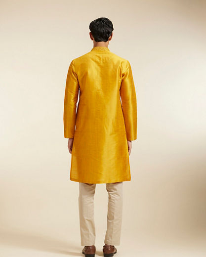 Diwas Men Mustard Yellow Self Textured Kurta with Embroidered Neckline