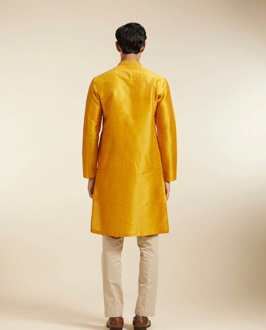 Diwas Men Mustard Yellow Self Textured Kurta with Embroidered Neckline