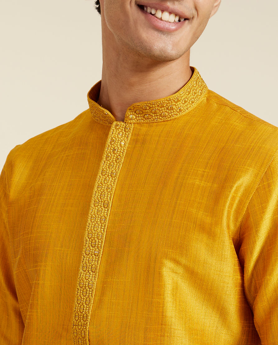 Diwas Men Mustard Yellow Self Textured Kurta with Embroidered Neckline