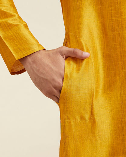 Diwas Men Mustard Yellow Self Textured Kurta with Embroidered Neckline