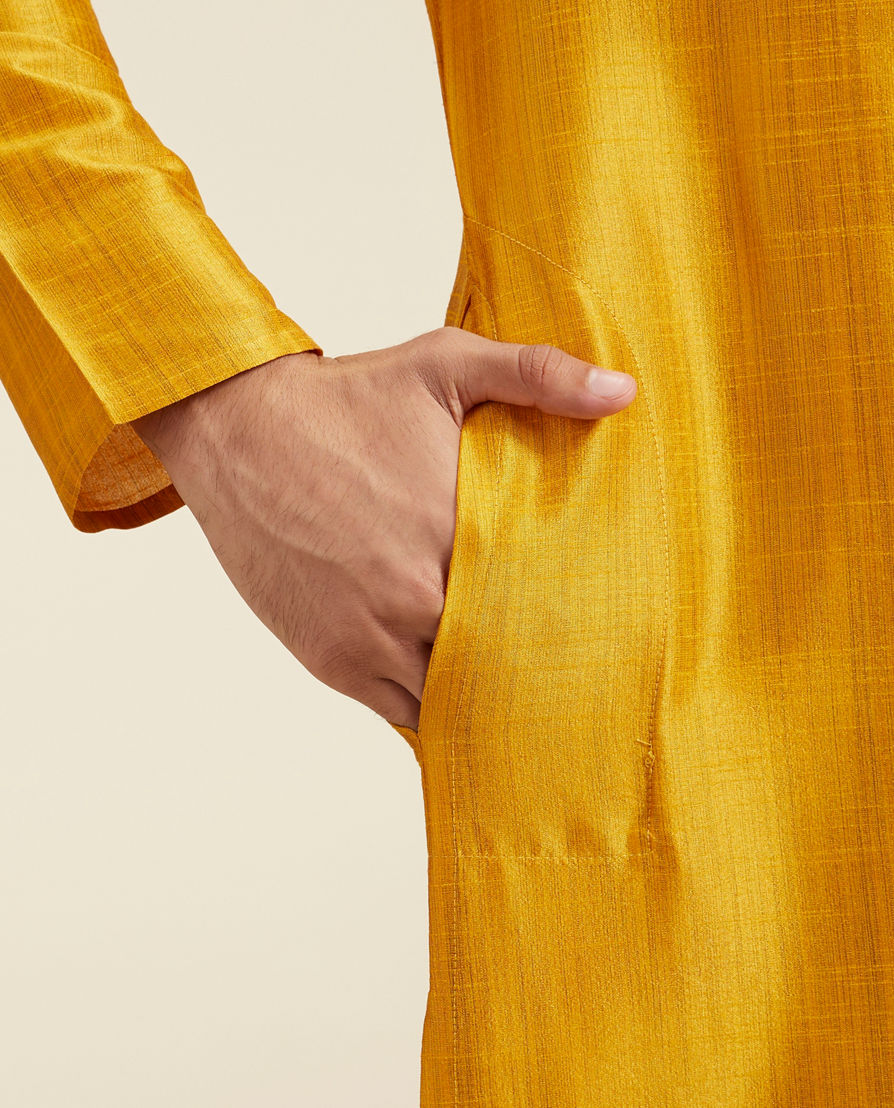 Diwas Men Mustard Yellow Self Textured Kurta with Embroidered Neckline