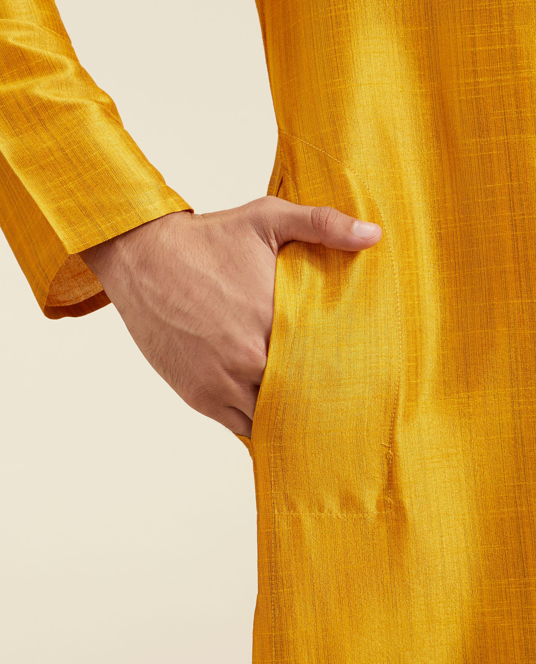Diwas Men Mustard Yellow Self Textured Kurta with Embroidered Neckline
