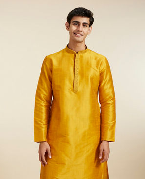 Diwas Men Mustard Yellow Self Textured Kurta with Embroidered Neckline
