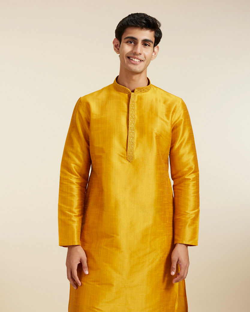 alt message - Diwas Men Mustard Yellow Textured Kurta with Embroidery image number 0