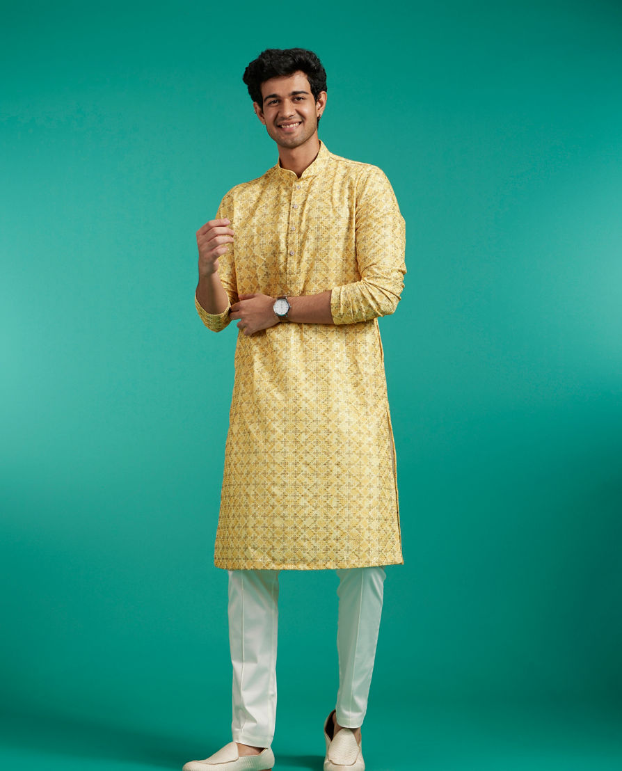Diwas Men Straw Yellow Buta Print in Grid Pattern Kurta