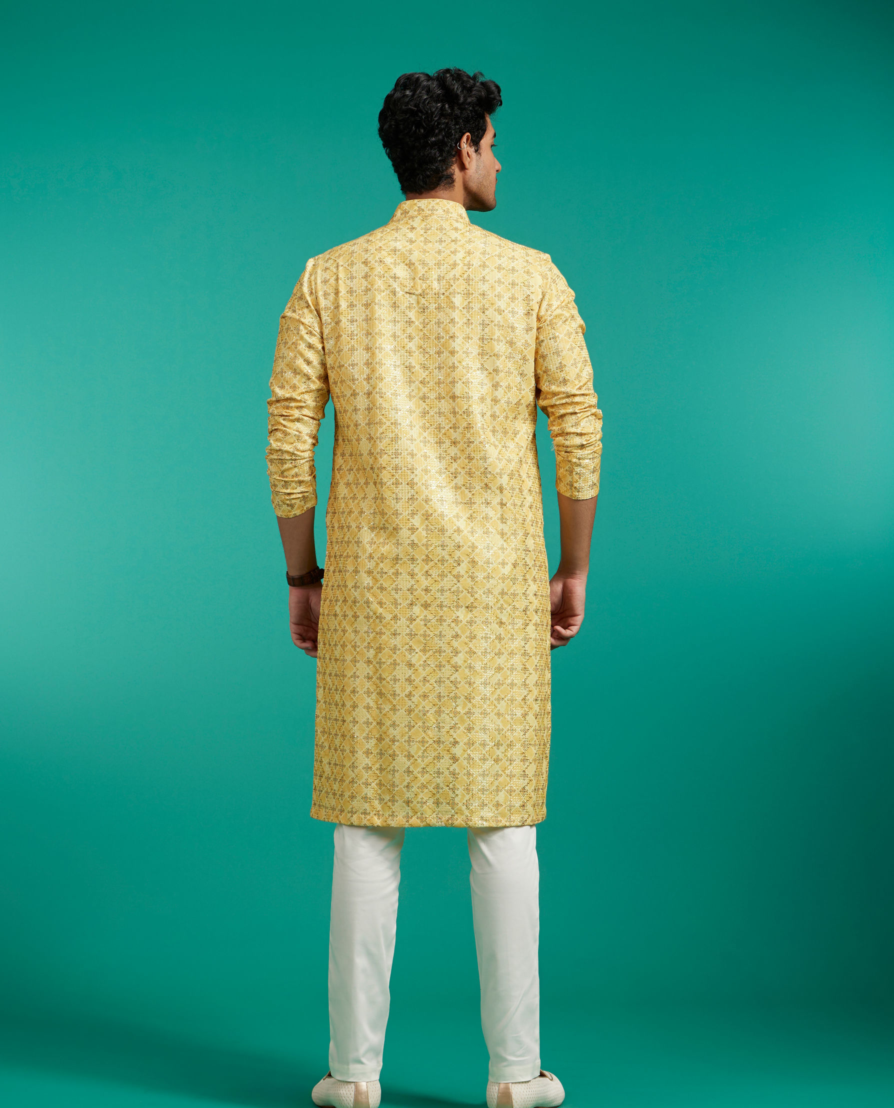 Diwas Men Straw Yellow Buta Print in Grid Pattern Kurta