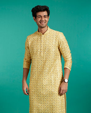 Diwas Men Straw Yellow Buta Print in Grid Pattern Kurta