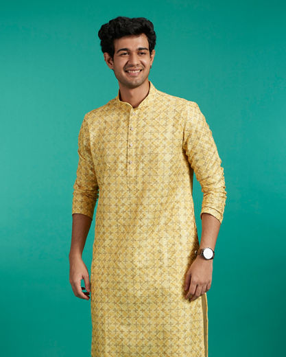 Diwas Men Straw Yellow Buta Print in Grid Pattern Kurta