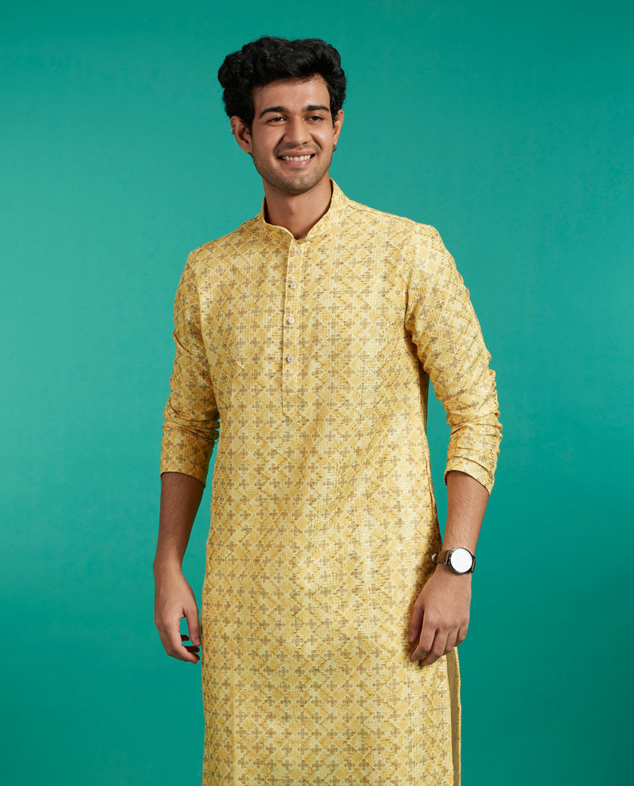 Diwas Men Straw Yellow Buta Print in Grid Pattern Kurta