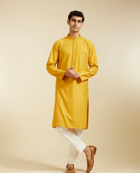 Diwas Men Mustard Yellow Kurta with Embroidered Neckline