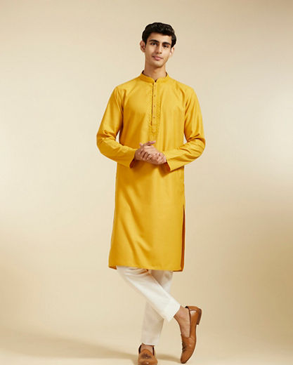 Diwas Men Mustard Yellow Plain Classic Kurta with Embroidered Neckline