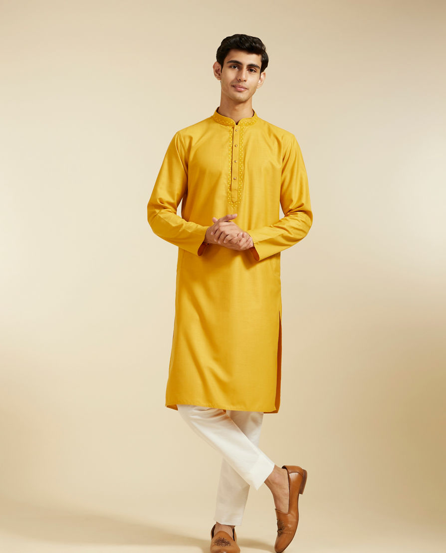 Diwas Men Mustard Yellow Plain Classic Kurta with Embroidered Neckline