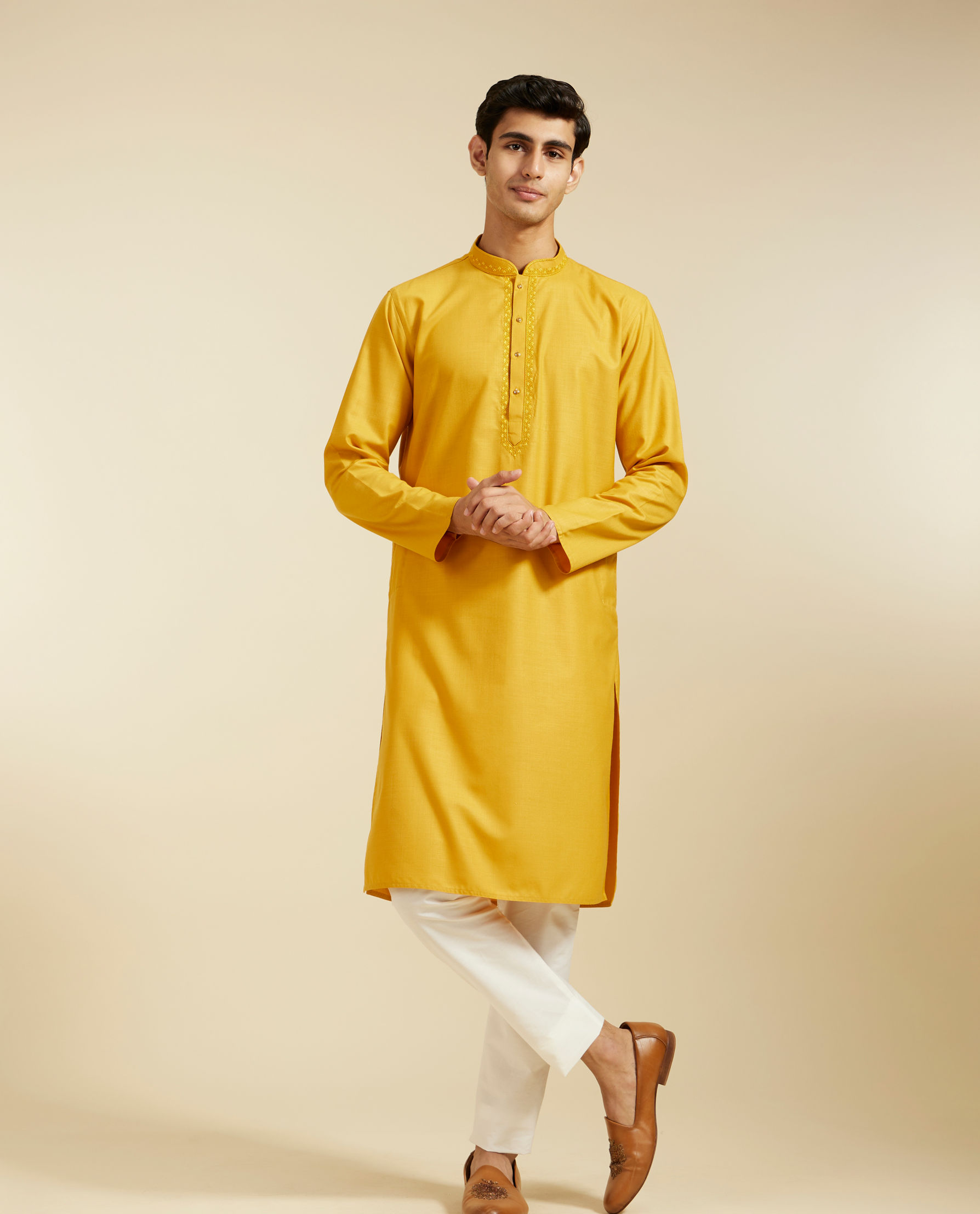 Diwas Men Mustard Yellow Kurta with Embroidered Neckline