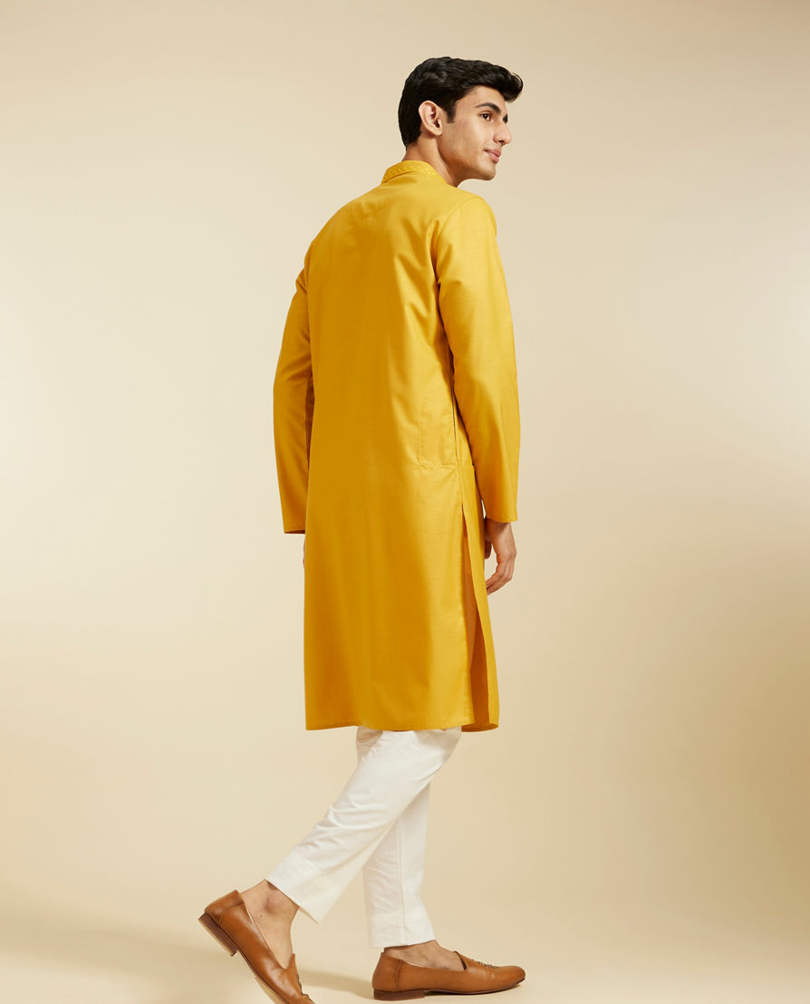Diwas Men Mustard Yellow Plain Classic Kurta with Embroidered Neckline
