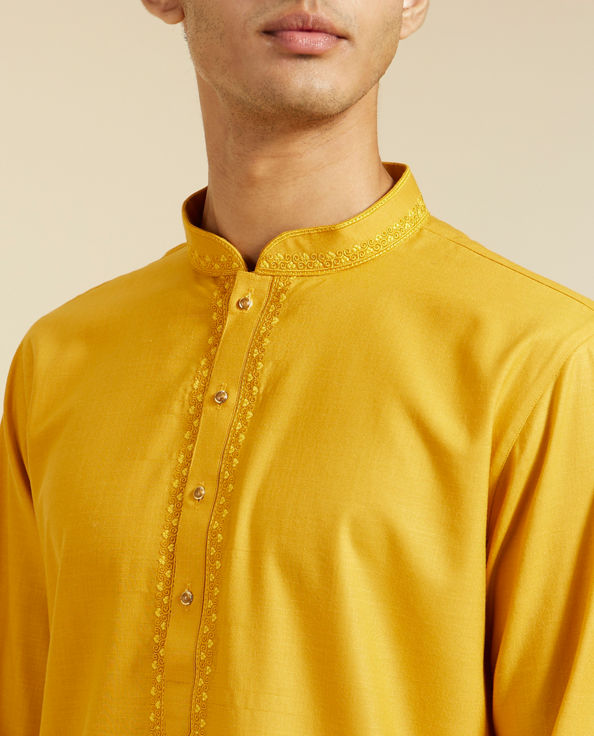 Diwas Men Mustard Yellow Kurta with Embroidered Neckline