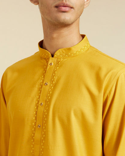 Diwas Men Mustard Yellow Plain Classic Kurta with Embroidered Neckline