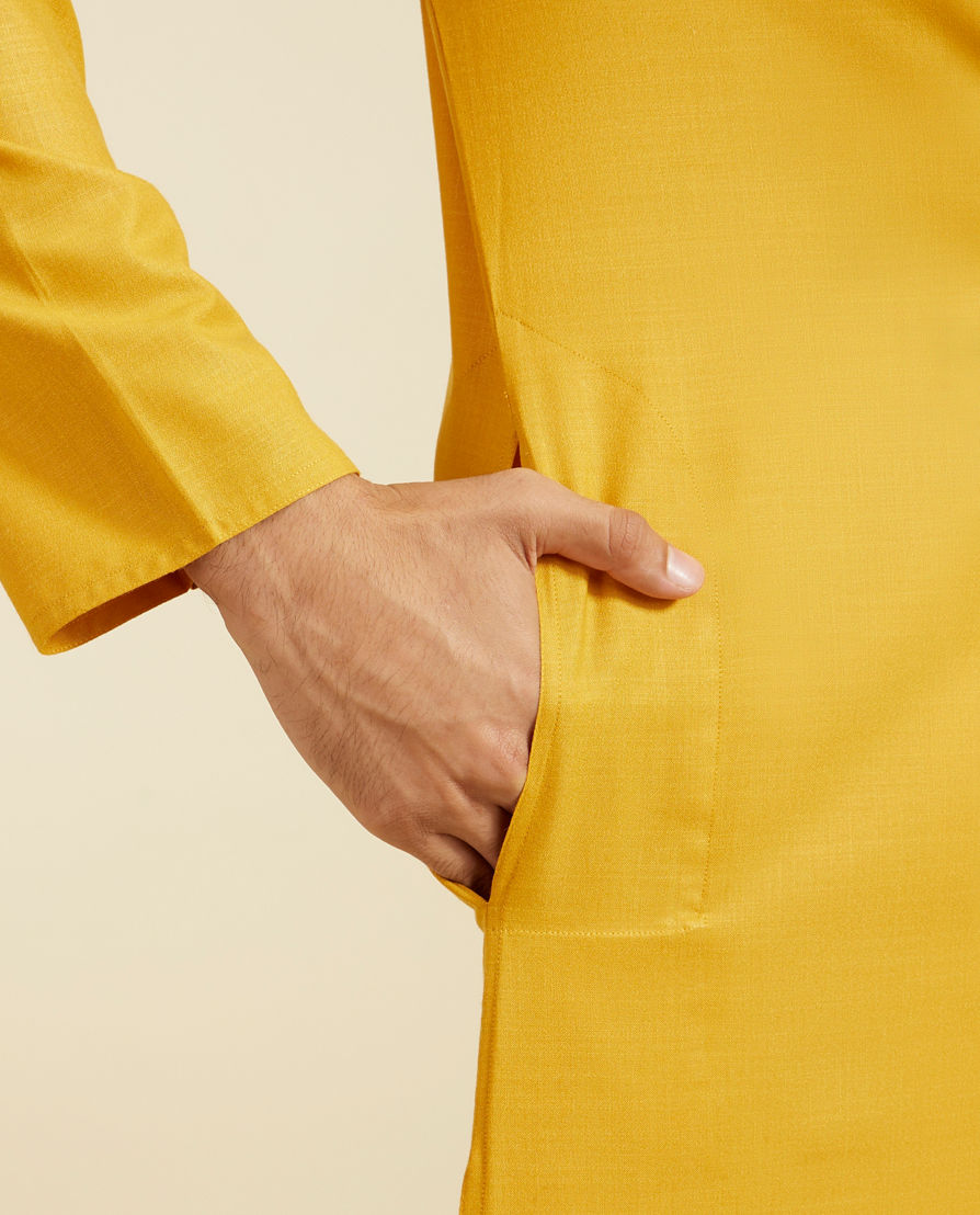 Diwas Men Mustard Yellow Plain Classic Kurta with Embroidered Neckline