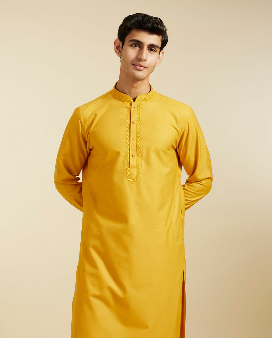 Diwas Men Mustard Yellow Plain Classic Kurta with Embroidered Neckline