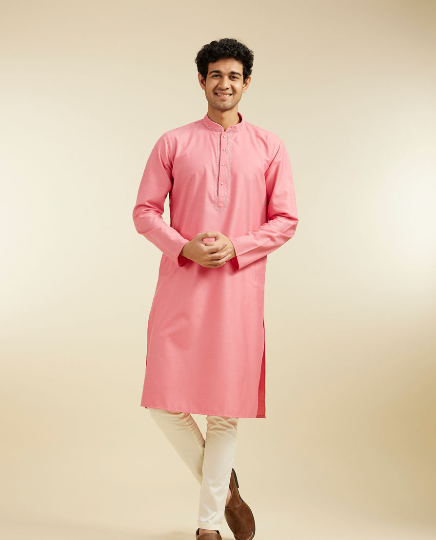 Diwas Men Coral Pink Plain Classic Kurta with Embroidered Neckline