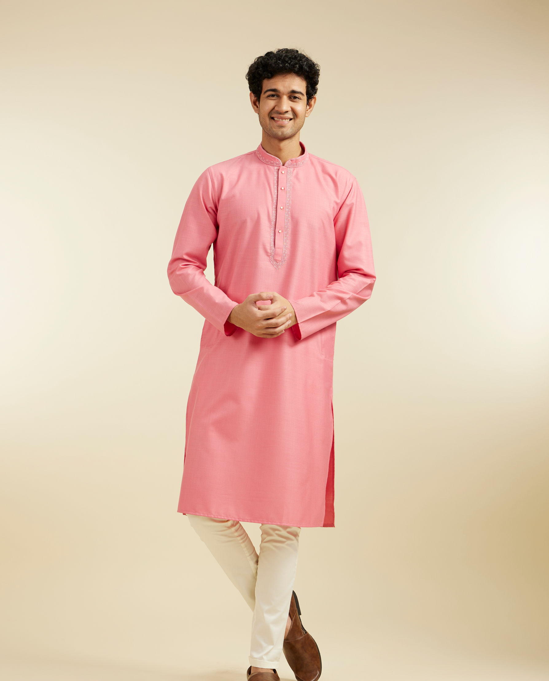 Diwas Men Coral Pink Plain Kurta with Embroidered Neck