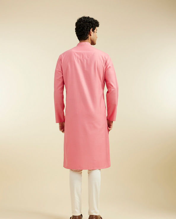 Diwas Men Coral Pink Plain Kurta with Embroidered Neck