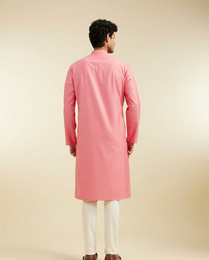 Diwas Men Coral Pink Plain Classic Kurta with Embroidered Neckline
