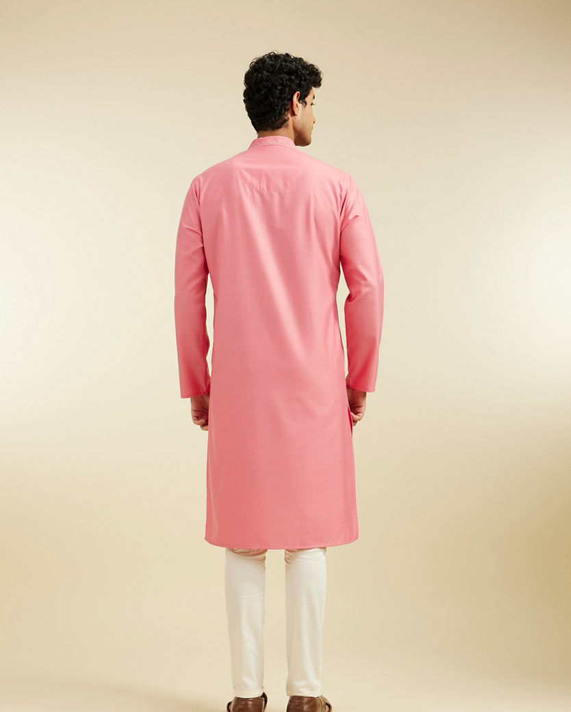 Diwas Men Coral Pink Plain Kurta with Embroidered Neck