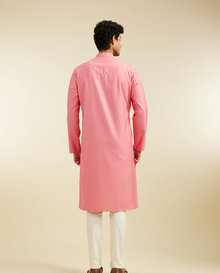 Diwas Men Coral Pink Plain Classic Kurta with Embroidered Neckline