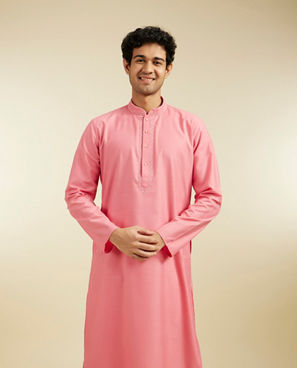 Diwas Men Coral Pink Plain Classic Kurta with Embroidered Neckline