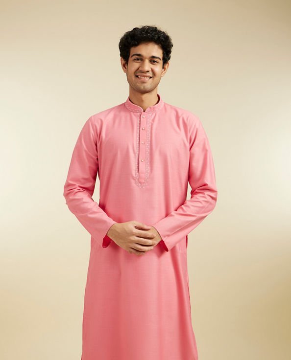 Diwas Men Coral Pink Plain Kurta with Embroidered Neck