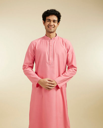 Diwas Men Coral Pink Plain Classic Kurta with Embroidered Neckline