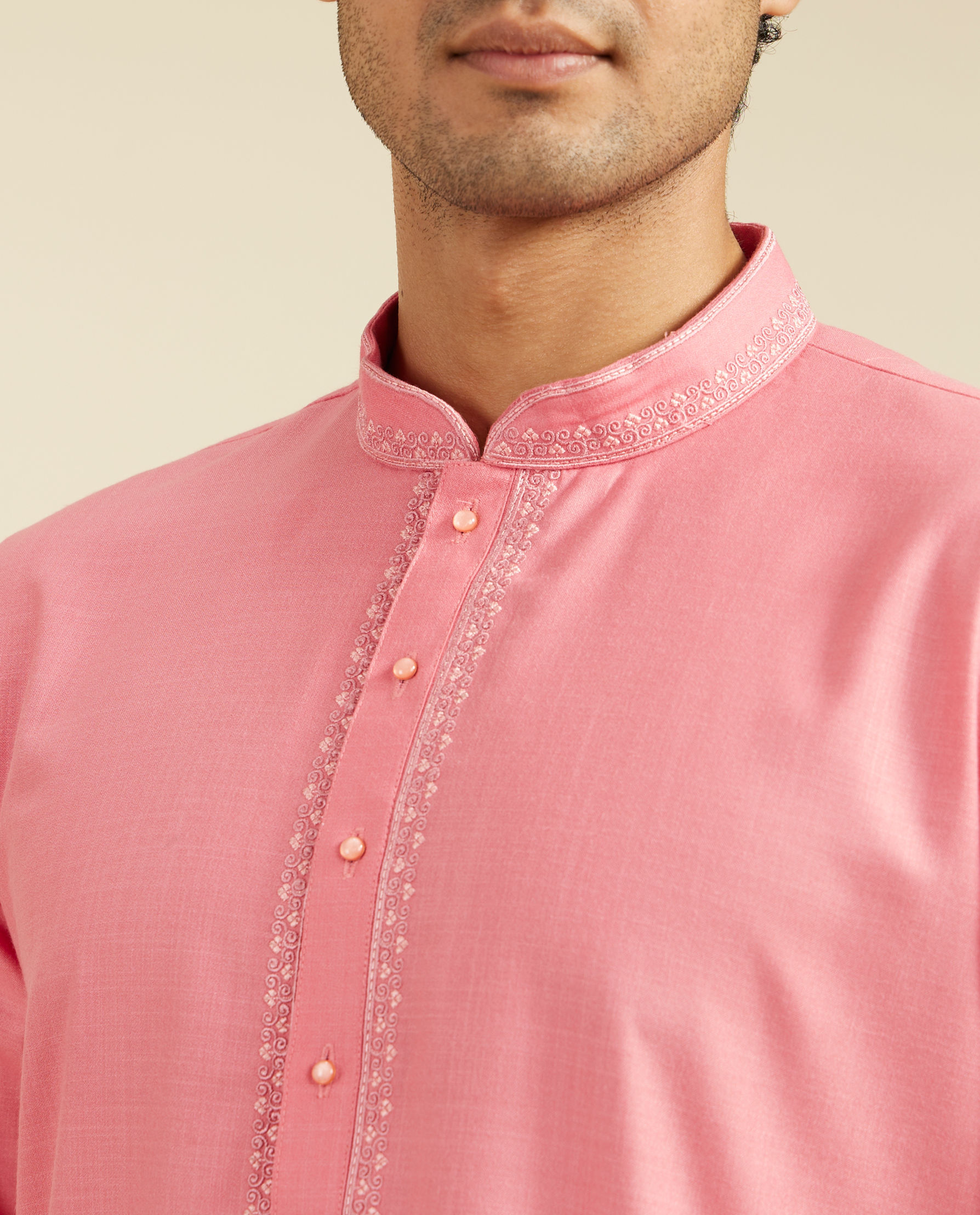 Diwas Men Coral Pink Plain Kurta with Embroidered Neck