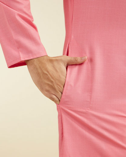 Diwas Men Coral Pink Plain Classic Kurta with Embroidered Neckline