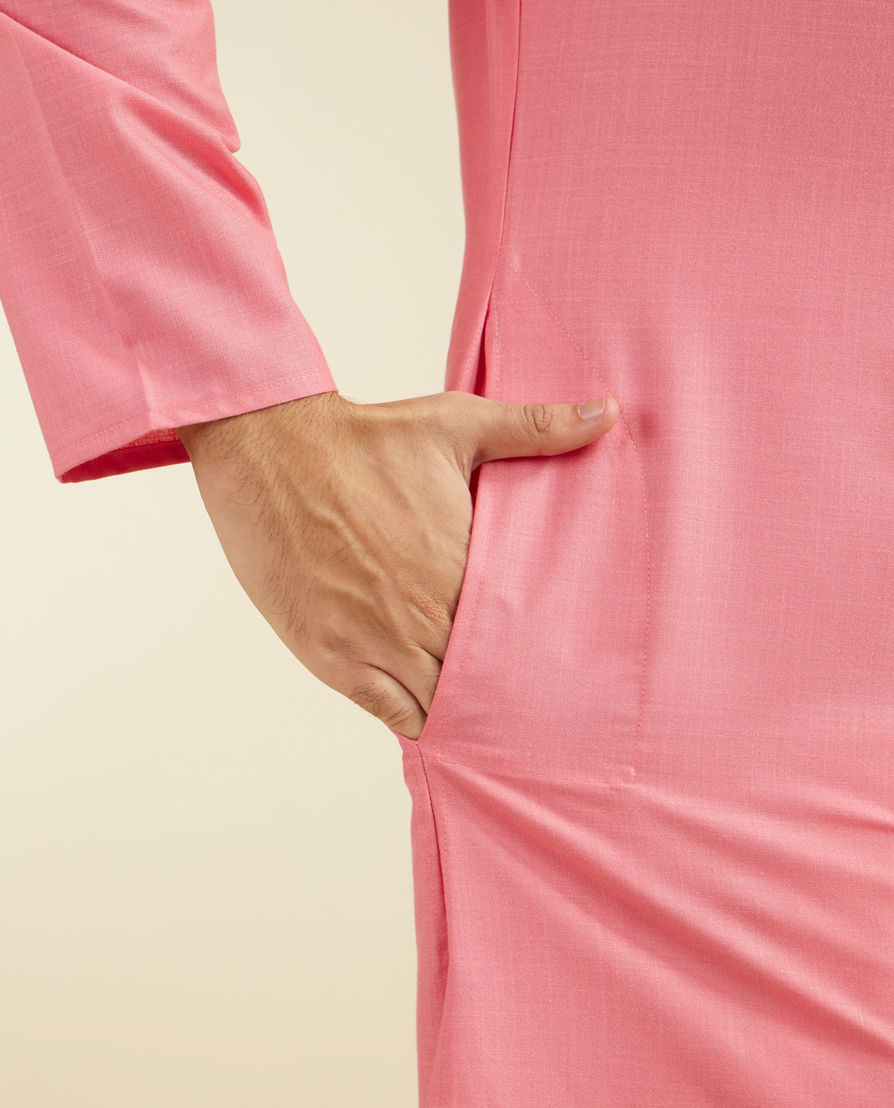 Diwas Men Coral Pink Plain Classic Kurta with Embroidered Neckline