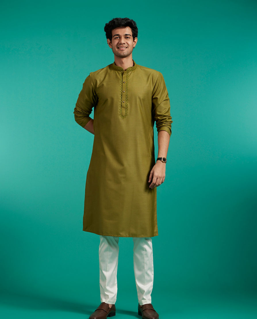 Diwas Men Olive Green Plain Classic Kurta with Embroidered Neckline