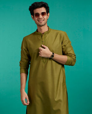 Diwas Men Olive Green Plain Classic Kurta with Embroidered Neckline