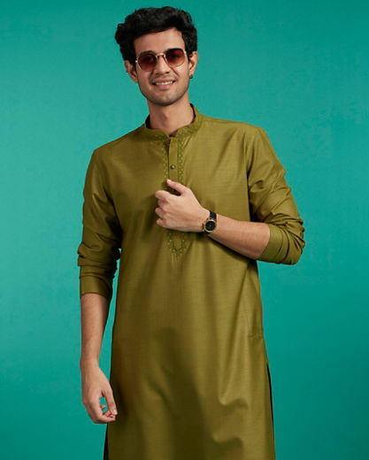 Diwas Men Olive Green Plain Classic Kurta with Embroidered Neckline